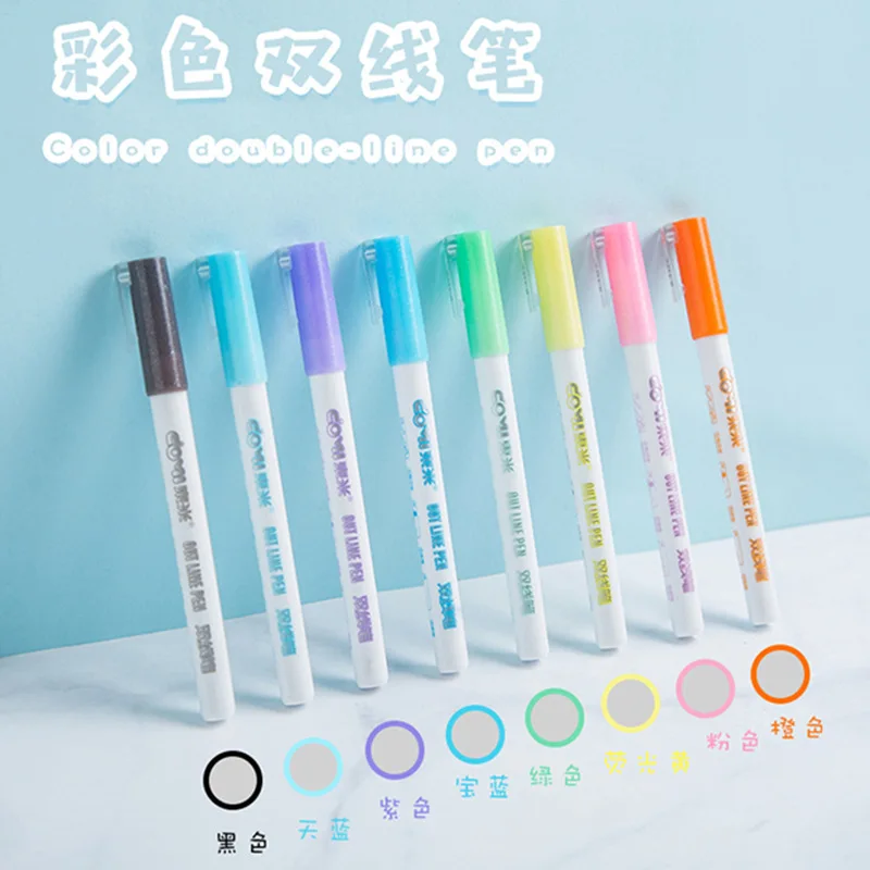 

8 Colors Double Line Pen Metallic Marker Pens Creative DIY Drawing Pen Fluorescent Markers Student Stationery Outline Marker Pen