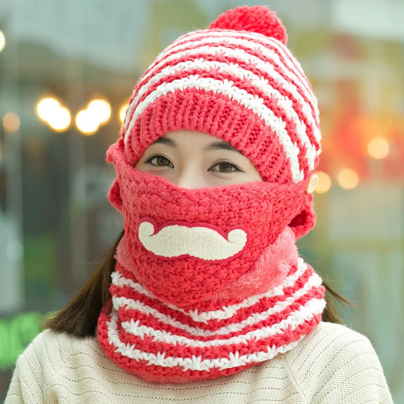 

2019 Autumn Winter Women Knitted Hat Scarf Masks Sets Thicken Plush Wool Fashion Ladies Outdoor Windproof Ear Flap Pompom Beanie