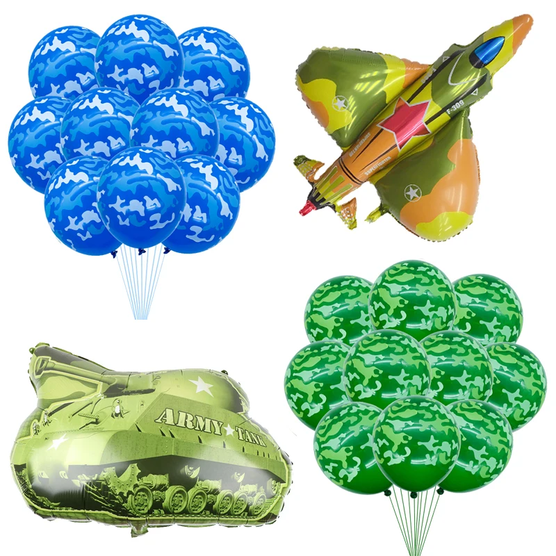 Новые синие зеленые камуфляжные латексные шары, мультяшный истребитель, танк, самолет, полицейские шары, автомобиль, день рождения, военная тематика, вечерние украшения