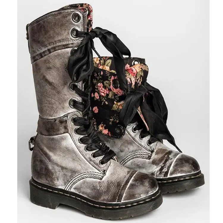 Женские ботинки Винтажные ботинки в стиле ретро с Джейсоном мартинсом женские мотоциклетные ботинки на шнуровке кожаные ботинки до середины икры на шнуровке, большие размеры 35-43 - Цвет: Серый