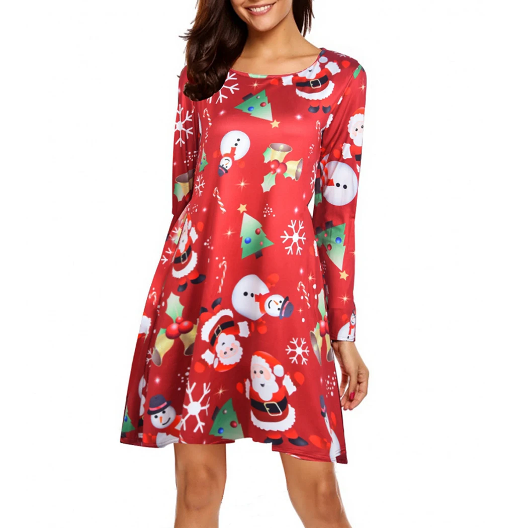 

2019 Christmas Printed Shirt Dress Women Long Sleeve A-Line Dress Plus Size O-Neck Loose Mini Dresses Party Club Xmas Vestidos