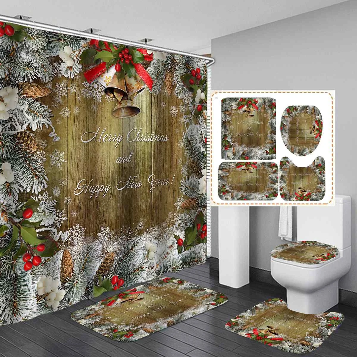 all Merry Christmas набор для ванной колокольчики, деревянный узор водонепроницаемый Душ шторы Туалет крышка коврик нескользящий ковер - Цвет: all