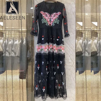 

AELESEEN Runway Fashion Women Dress Designer New Black Ladies Dress V-Neck Flower Embroidery Mesh Long Party Holiday Dress