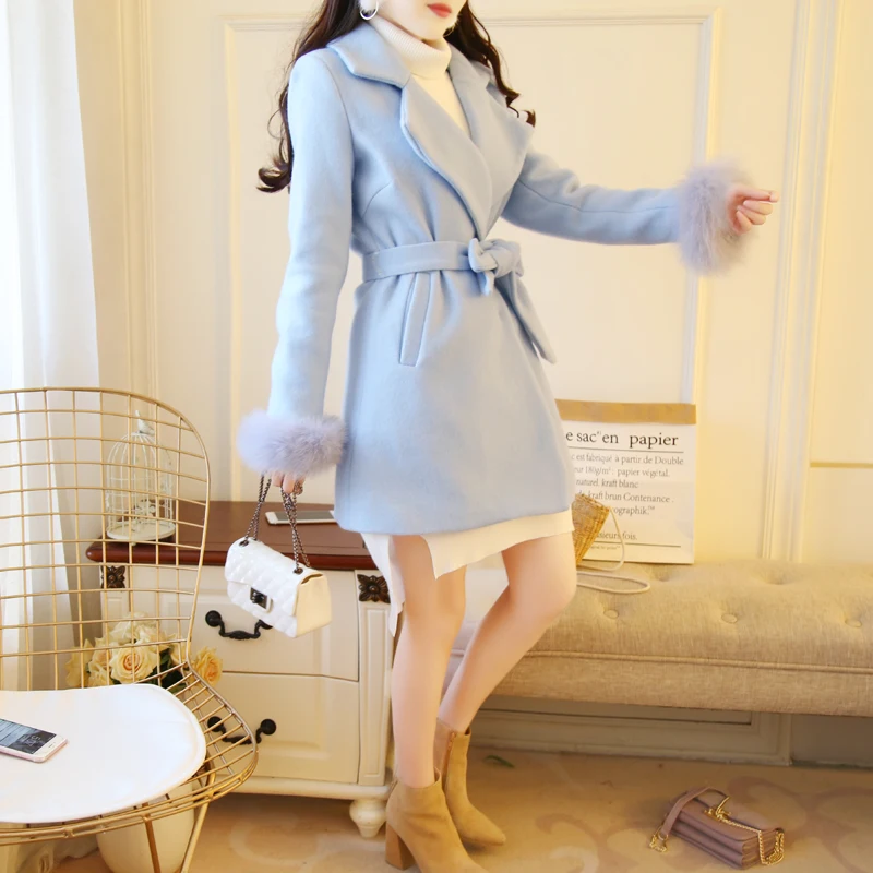 SWEETXUE/ осенне-зимнее шерстяное пальто для женщин, новое корейское Женское пальто с кроличьим мехом и бантом, популярная верхняя одежда, шерстяное пальто