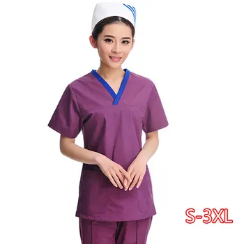 

Clothes Medical Uniforms Women Scrub Tops Cotton Polyester Short Sleeved V-neck Color Blocking Surgery Pharmacy High Quality