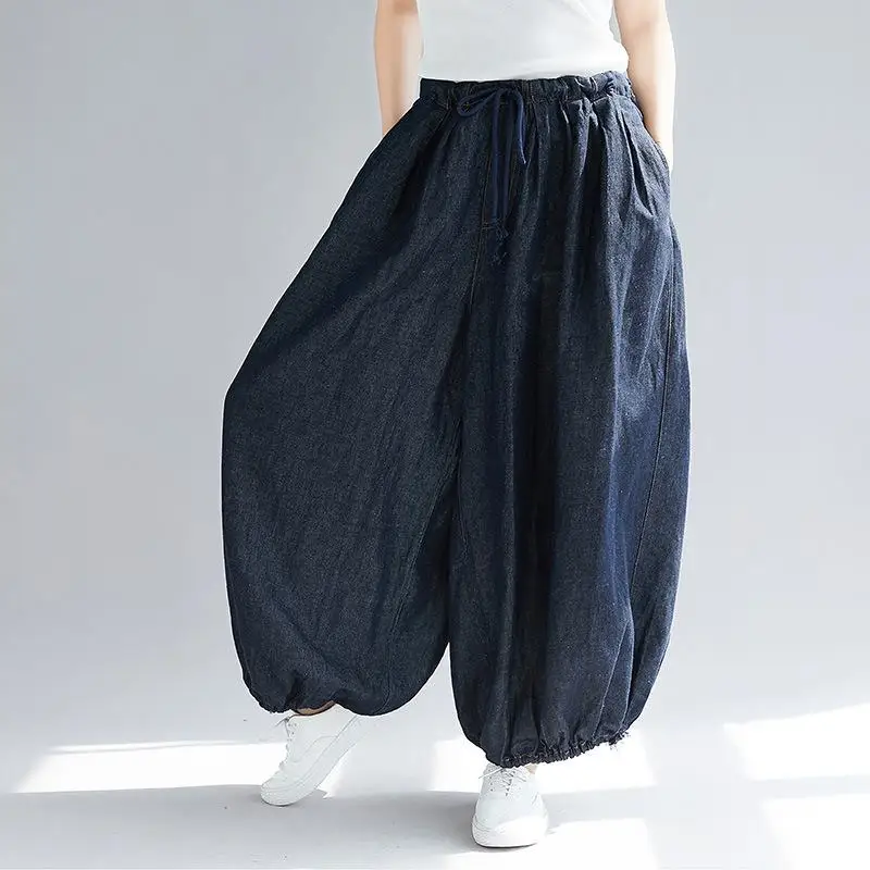 Dark blue Johnature мода осень новые удобные Высокая талия джинсы в Корейском стиле; свободные эластичная кулиска на талии джинсовые Для женщин штаны-шаровары - Цвет: Dark blue