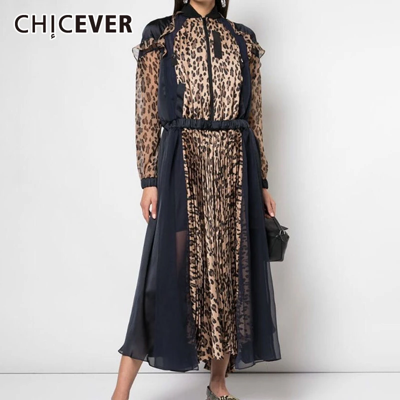 

CHICEVER Leopard Patchwork Hit Color Women Dresses Stand Collar Lantern Sleeve High Waist Casual Ruffles Dress Female 2019 New