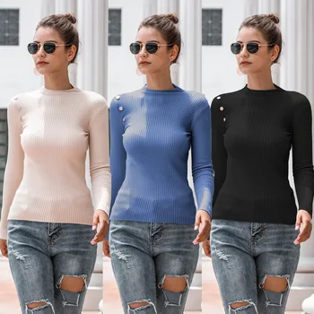 

Daily OWLPRINCESS Women's Autumn 2020 Casual Button Tight Pin Long Sleeve Pure Color Pullover T-shirt