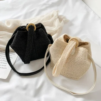

Round Circle Straw Travel Shoulder Handbags Women Beach Flower Hollow Messenger Bags Boho Round Beach Travel Purse