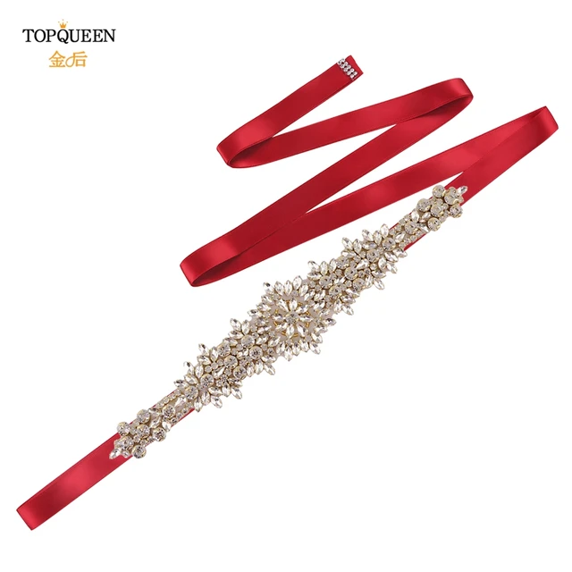 TOPQUEEN S319-G Plus Size Bridal Gowns Belts Golden Belts for Women Rhinestones Belt Girlfriend Luxury Ribbon Belt Wedding Sash Wine red ribbon