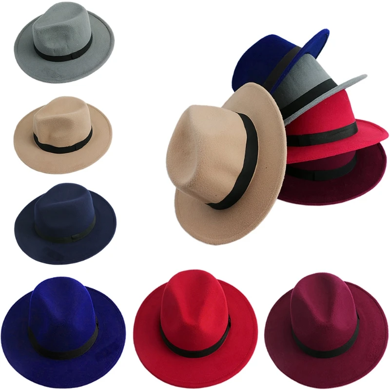 

Men Women Brim Gangster Cap Jazz Bowknot Hard Felt Fedora Bowler Panama Wide Hat