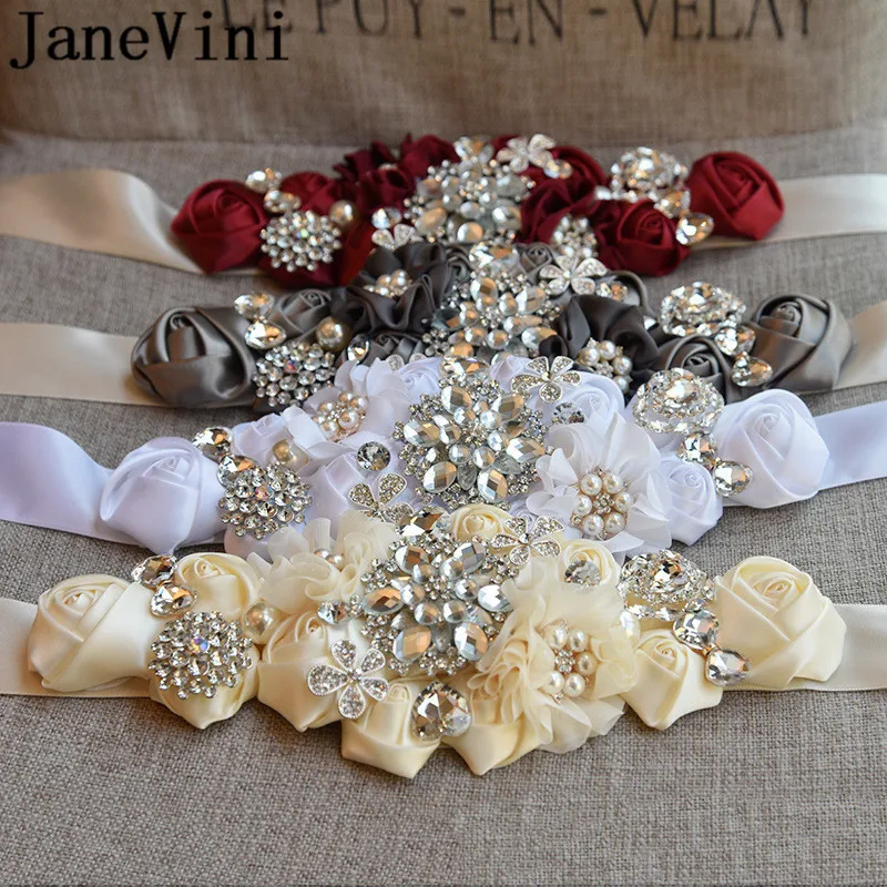 JaneVini Jewelled Rhinestone Belt for Wedding Dress Women Belts Pearl Satin Ribbon Sash Crystal Belt Bridesmaid Bride Waistband