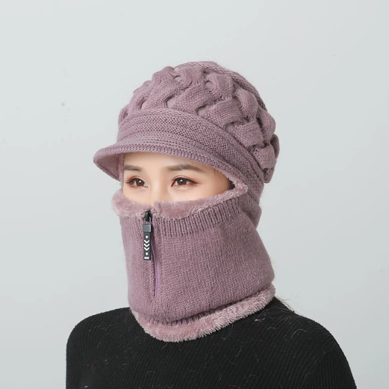 Taro color Женская Теплая Шапка-бини, шапки для катания на лыжах, зимняя женская вязаная шапка с помпоном, модная шерстяная утолщенная шапка на молнии - Цвет: Taro color