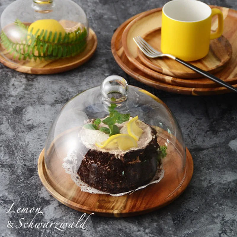 

Nordic Bamboo Wooden Fruit Cake Tray with Lid Transparent Glass Cover Food Display Tray Decorative Kitchen Storage Container