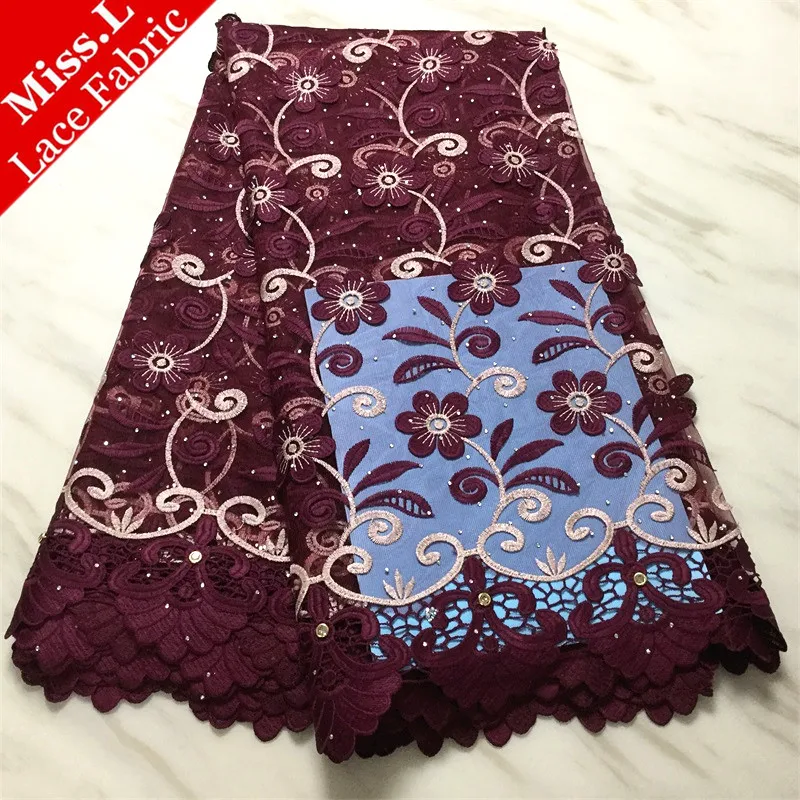 

Miss L African Lace Fabric High Quality 2020 French Mesh Tulle Lace Fabric For Wedding Party 5 Yards/pcs With Rhinestones Stone