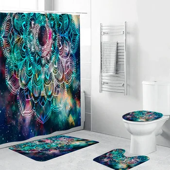 

3pcs Bath Mats Set Bathroom Shower Curtain Colorful Flower Printed Durable Waterproof Toilet Cover Mat Non-Slip Bathroom Rug Set