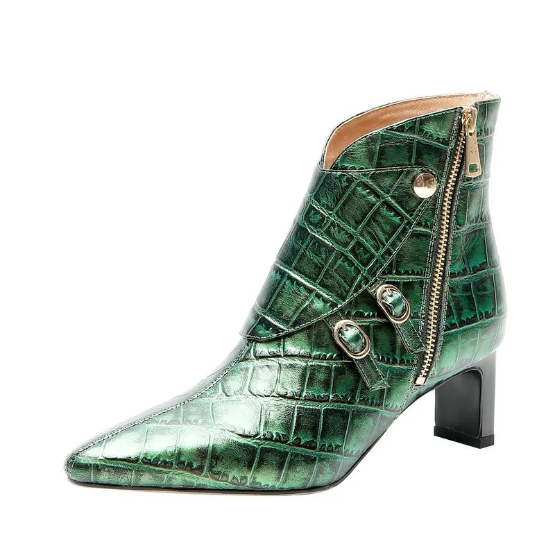 

Black Green Genuine Leather Ankle Boots Woman Fashion Pointed Toe Booties 2019 Ladies Retro Luxury Block Heel Shoes Woman