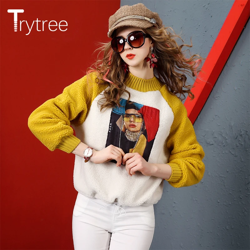 Trytree осень зима Женская Толстовка Повседневная полиэфирная с o-образным вырезом Лоскутная Толстовка с принтом персонажа блесток модные толстые Топы