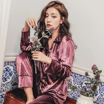 

Gold Velvet Pajamas Women'S Long Sleeves Autumn And Winter Lapel Cardigan Solid Color Casual Soft Ladies Home Service Suit