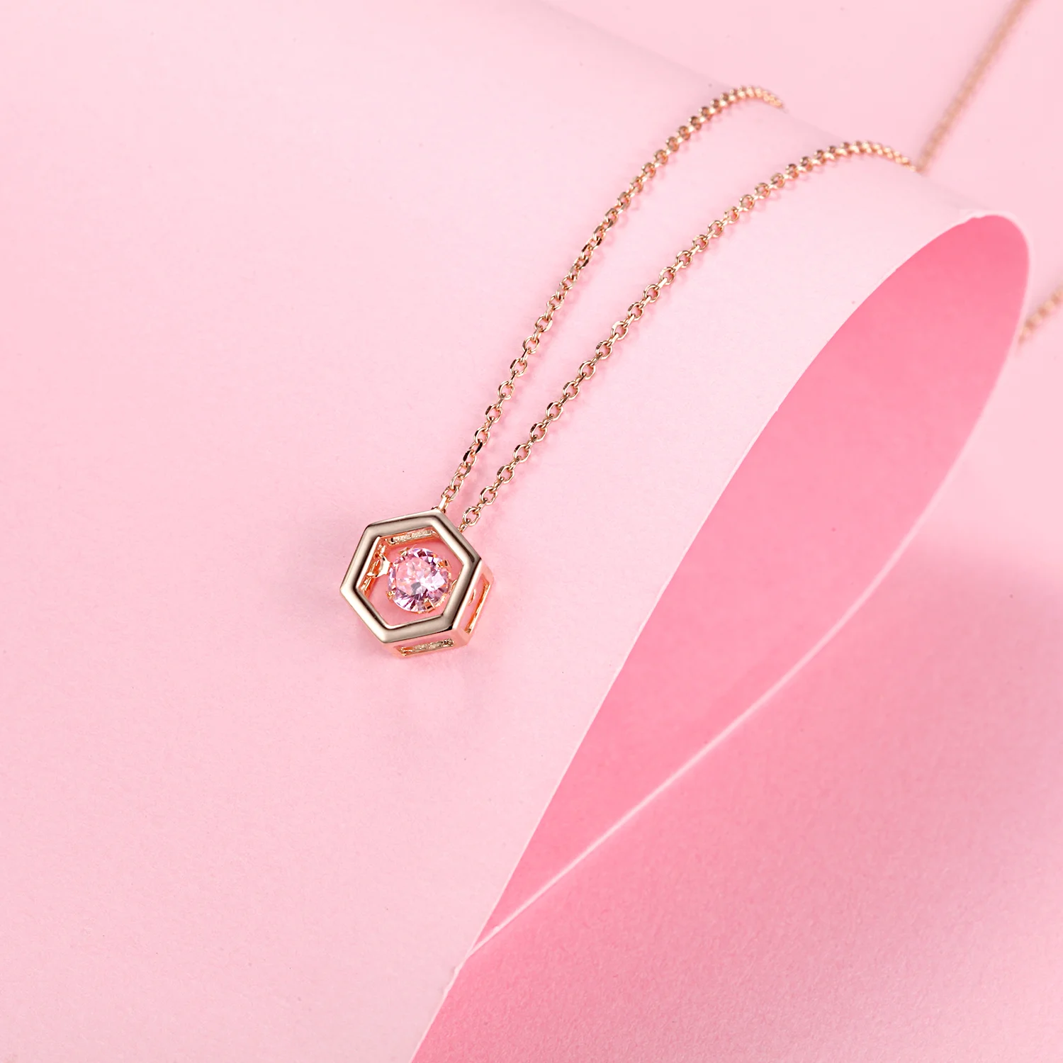 WelMag 925 Sterling Silver Jewelry Rosegold Link Chain Hexagon Zircon Pendant Fashion Casual Women Necklace Female Gift