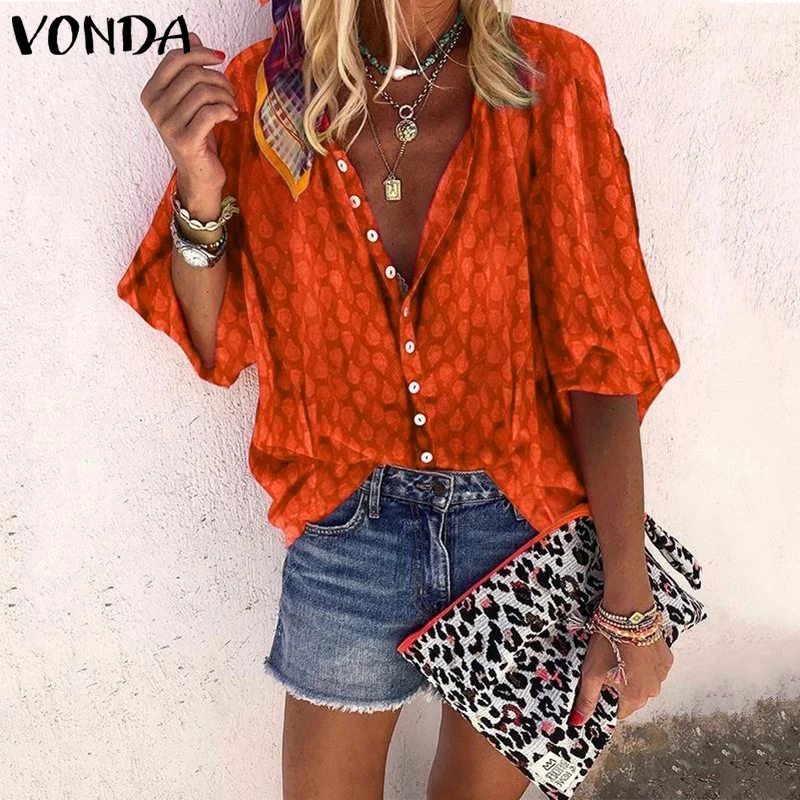 VONDA, модные женские топы,, Женская Повседневная Свободная однотонная блузка с v-образным вырезом, женские рубашки, женские повседневные блузы, плюс богемная туника
