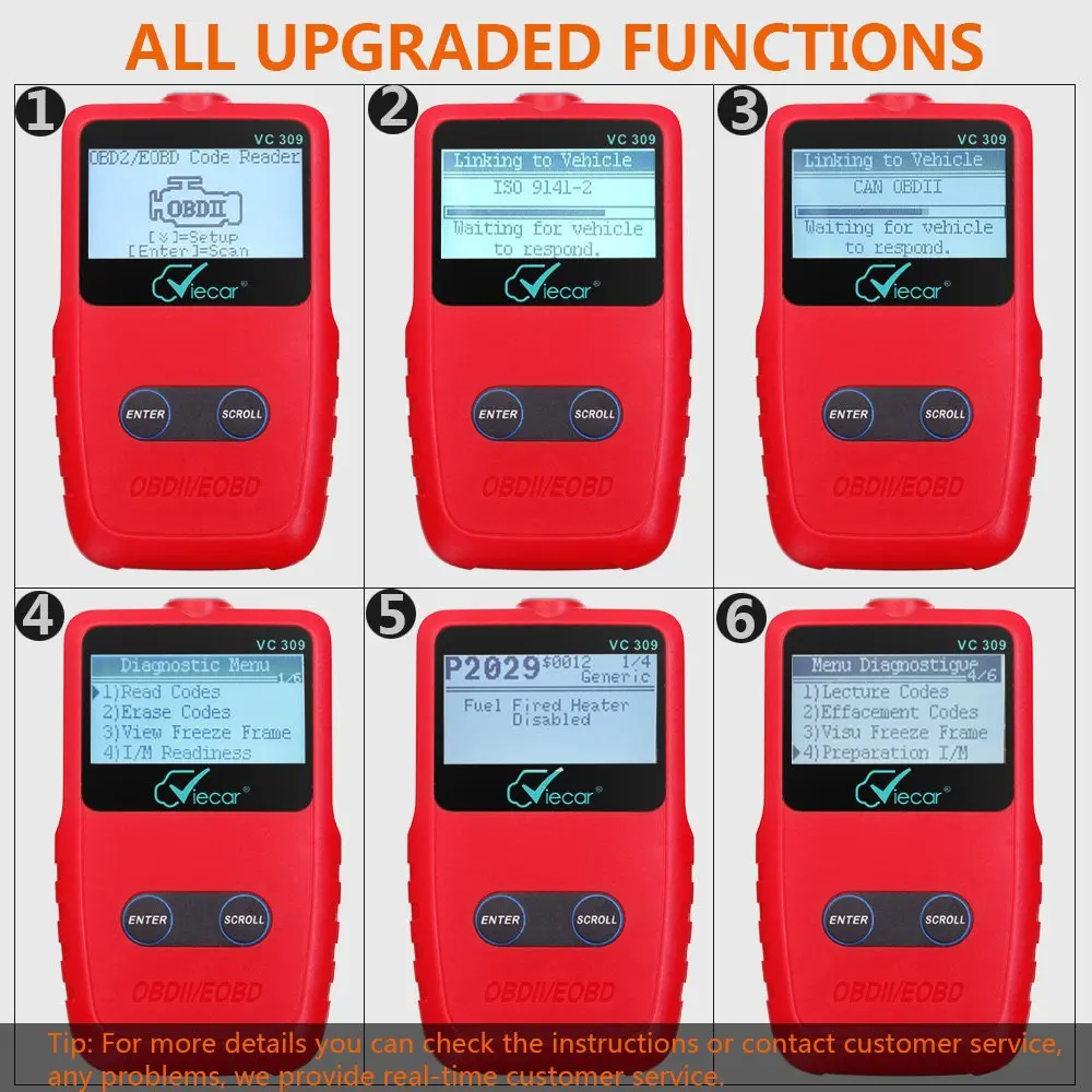Viecar VC309 OBDII считыватель кода EOBD автоматический диагностический сканер инструмент для всех 1996 и более новых OBD 2 автомобилей Поддержка 9 протоколов