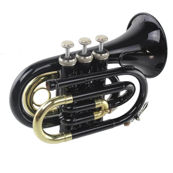 

Bb Beginner Silver Plated Pocket Trumpet Musical Instruments With Black Paint Golden Keys For Children Christmas Gift - Black