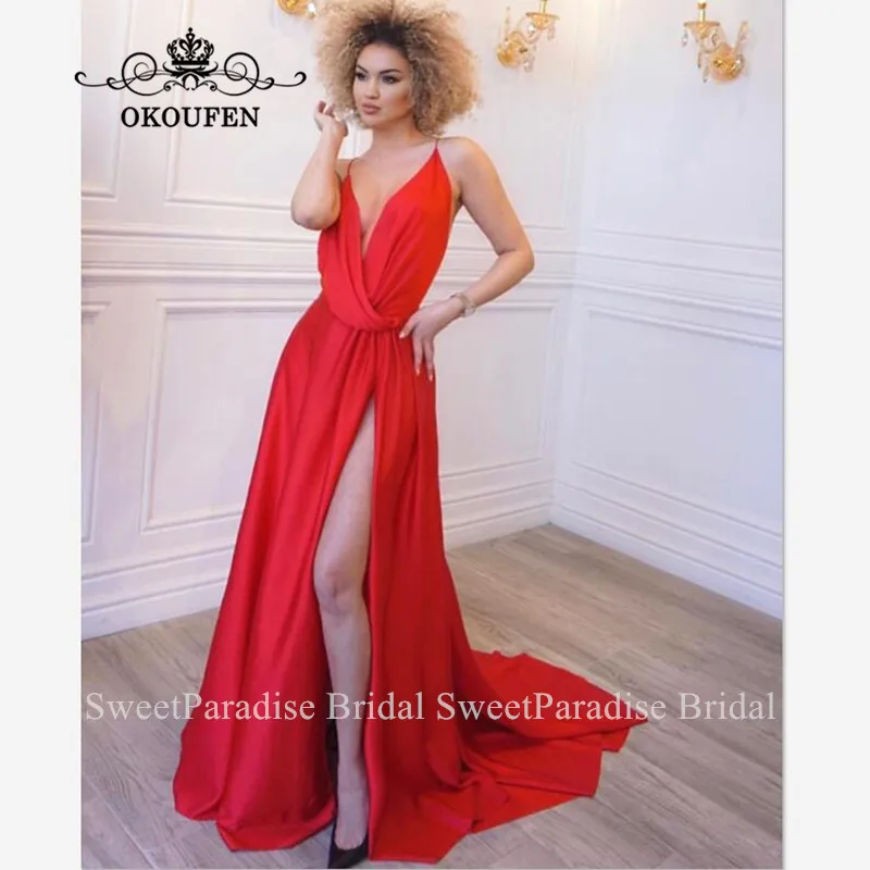 

Fabulous Red Evening Dress For Women Deep V Neck Side Split Long Sweep Train Prom Dresses Robe De Soiree