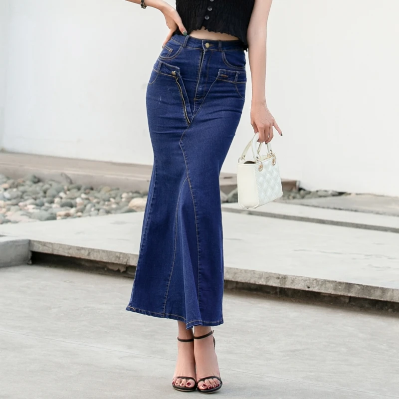 Blue skirt Весенне-осенняя Асимметричная джинсовая юбка русалки, женские эластичные по щиколотку, длинная юбка русалки, труба, имперский высокая талия, джинсовая юбка - Цвет: Blue skirt