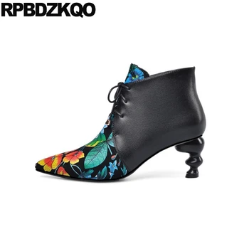 

chunky women luxury booties floral print front lace up casual ankle boots autumn short shoes winter pointed toe flower printed 9