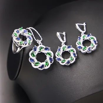 

GZJY Women Blue Green Crystal Jewelry Sets 925 Sterling Silver Drop Earrings Hollow Necklace Pendant Ring Wedding Bridal Party