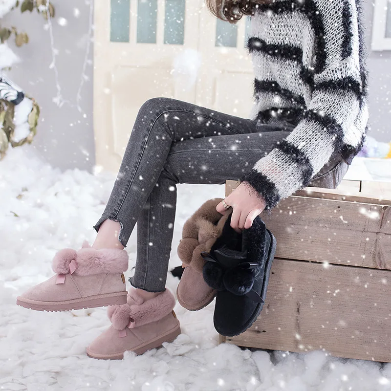 Женские ботинки; женские зимние ботинки; теплые зимние ботильоны из замши с плюшевой подкладкой, бантиком и мехом, на плоской подошве, без застежки; женская обувь; модные K11-13