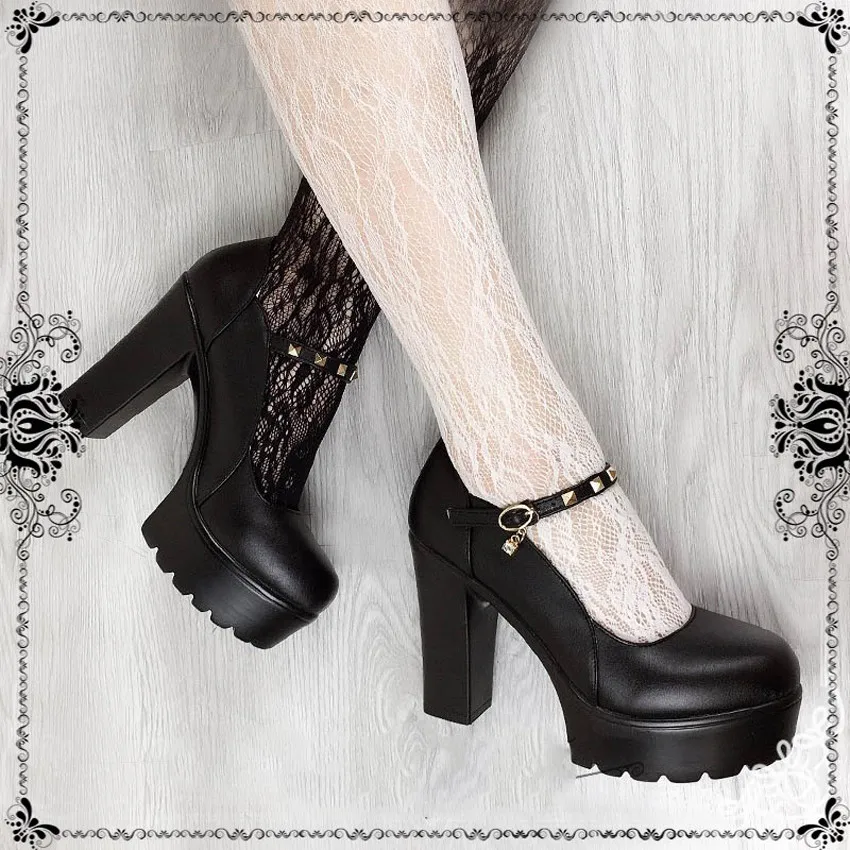 High Heel Lolita Maid Shoes Devilian Gothic Ouji Leather Waterproof Flatform Strap Rivet Cute Loli Japanese Cosplay | Тематическая