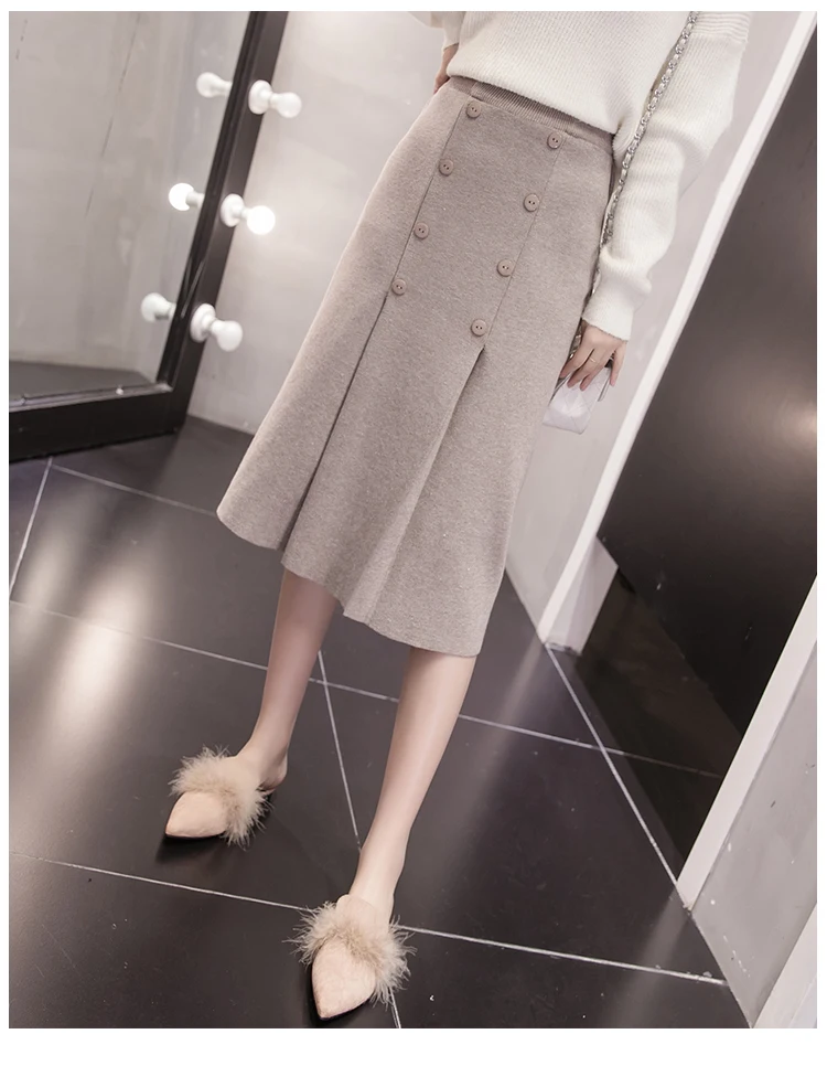 High Waist Stretch Knitted Skirt Women Elegant Double breasted Straight Long Skirts Female Autumn Winter Vintage Pleated Skirt