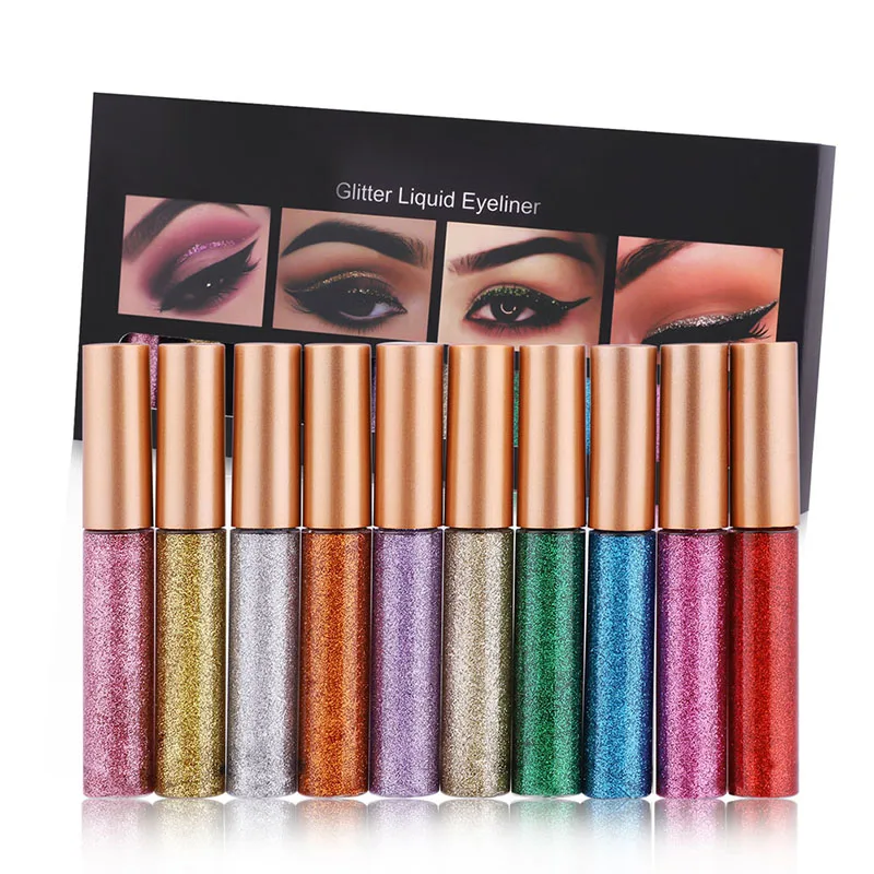 10 Color Glitter Liquid Eyeliner Waterproof Shimmer High Pigmented Silver Gold Metallic Colorful Eyeliner w