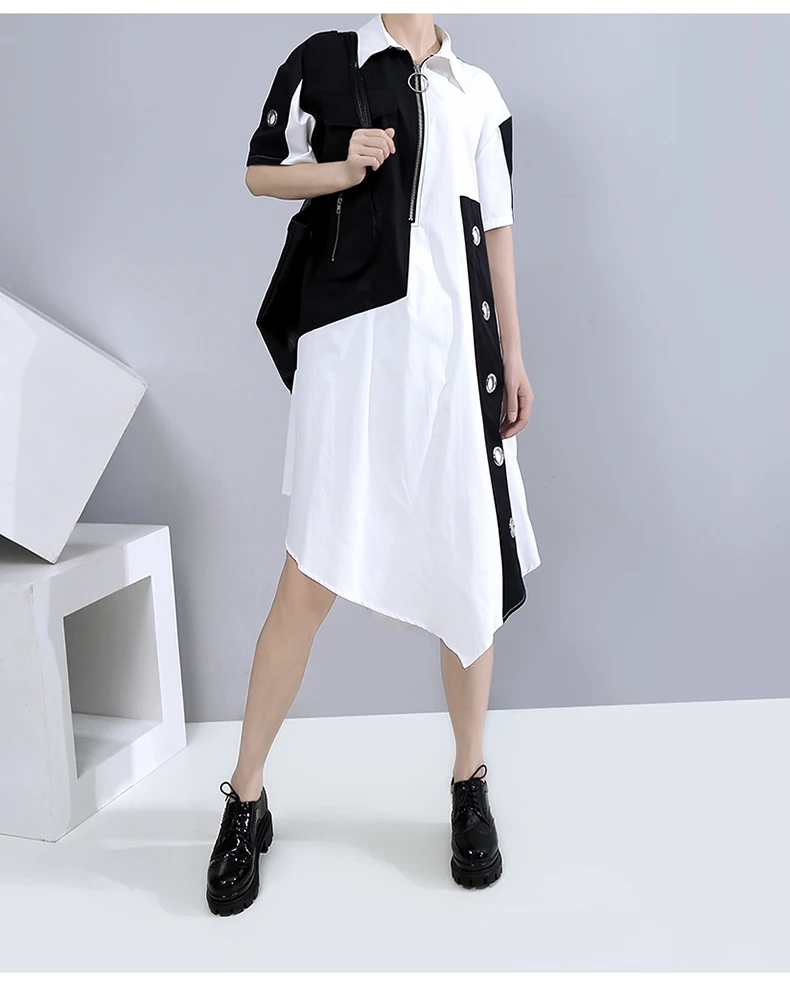 New Fashion Unique Style Tide Shirt Dress Zipper Pocket Patchwork Plus Size Dresses
