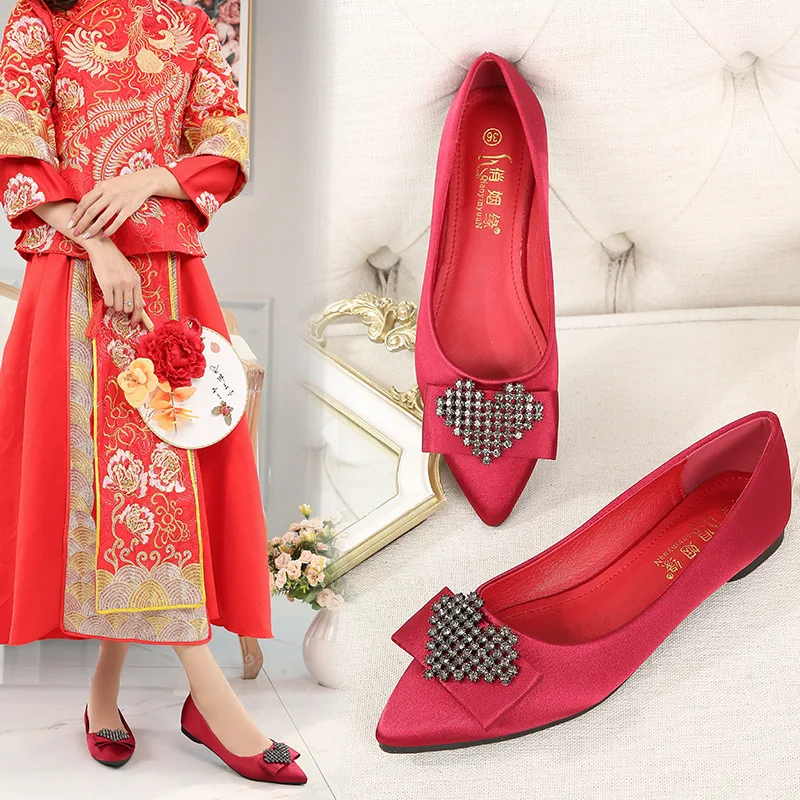 

Chinese Style Rhinestone Buckle Thin Heeled Semi-high Heeled Xiu Shoes Wine Red Wedding Shoes Pointed-Toe Bridal Shoes Wedding S