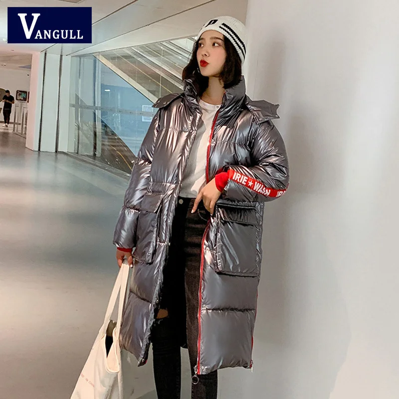 Темно-серый Vangull, женский пуховик, серебристый, глянцевый, с хлопковой подкладкой, зимняя женская куртка, модная, с большим карманом, длинная, для женщин, с капюшоном, парки - Цвет: Темно-серый