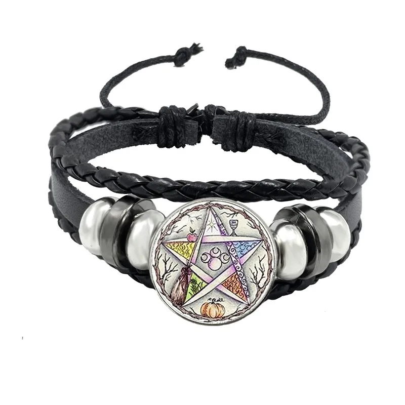 Bracciale In Pelle Unisex Con Ciondoli Albero Della Vita, Pentacolo E Luna – Gioiello Bohemian