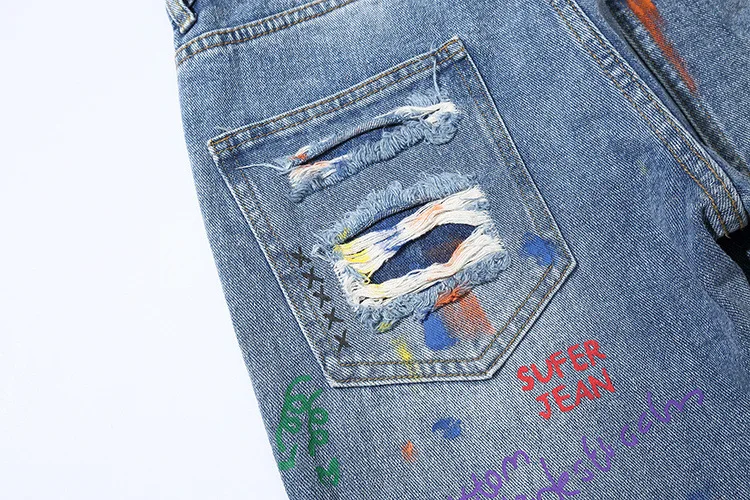 Новые мужские обтягивающие джинсы со смайликом облегающие эластичные синие джинсы с дырками хлопковые легкие удобные джинсы в стиле хип-хоп с граффити