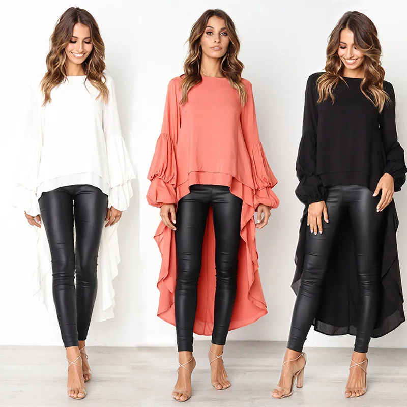 

2019 Autumn Womens Swallow Tail Blouses Irregular Front Short Back Long Ruffle Lantern Sleeve Shirts Black White Ladies Tops