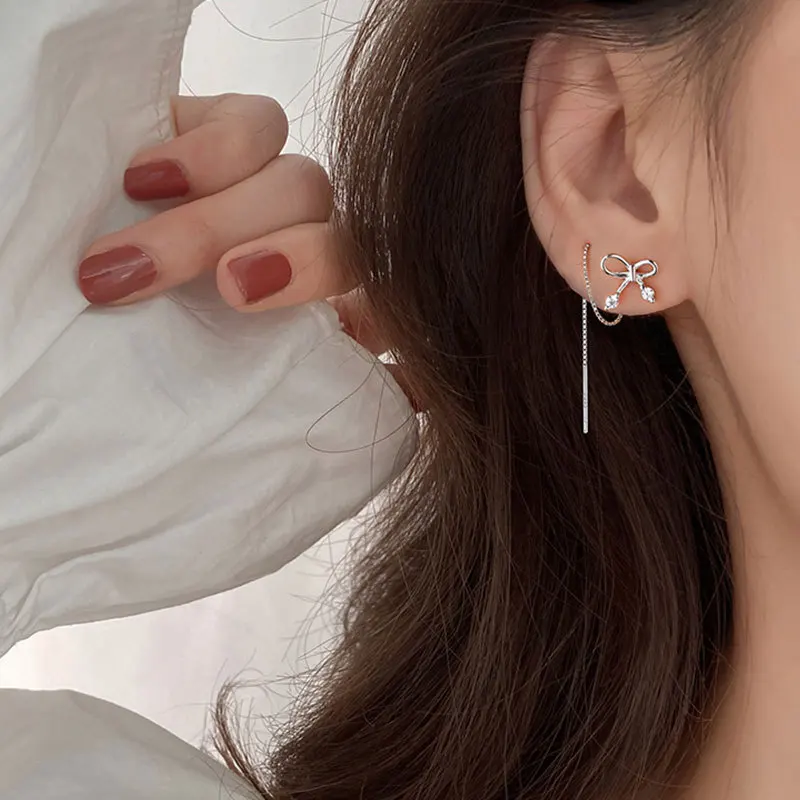 HI MAN Korean New 925 Sterling Silver Temperament Tassel Bow Earrings Women elegant Trend High-Quality Jewelry Accessories