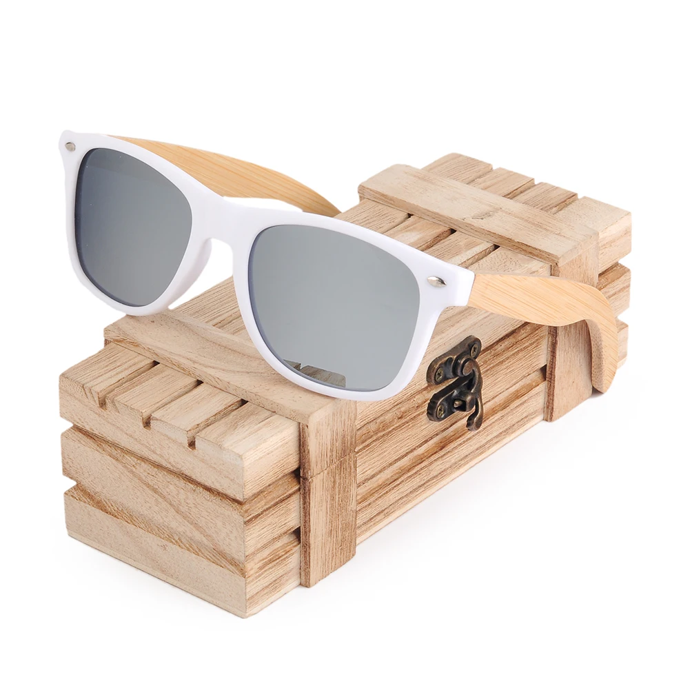 Promotion BOBO BIRD Womens Mens Bamboo Wooden Sunglasses White Frame eyewear With Coating Mirrored UV 400 Lenses in Wooden Box designer sunglasses for women Sunglasses