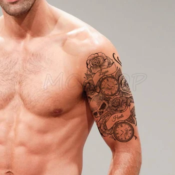 

Temporary Tattoo Stickers Roman Bell Skull Peony Fake Tatto Waterproof Tatoo Back Leg Arm Belly Big Size for Women Men Girl