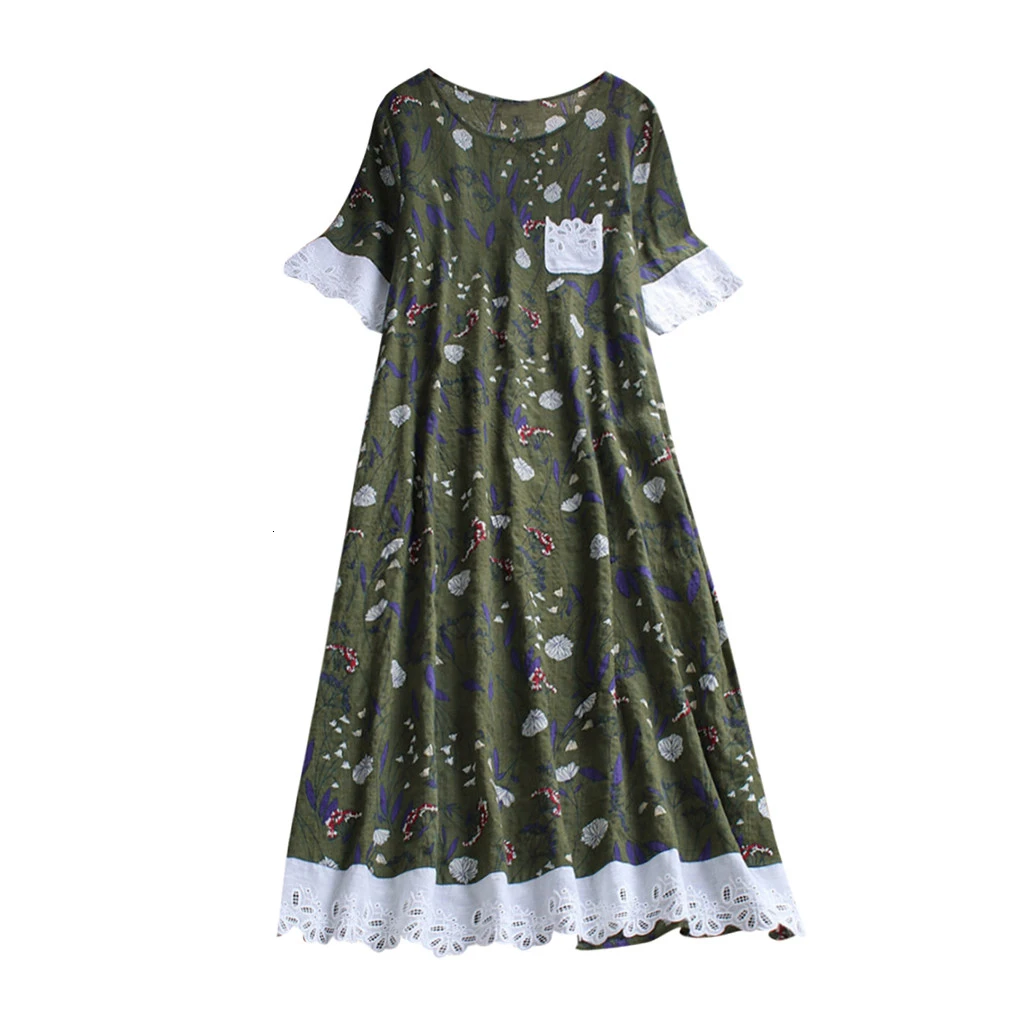 

Casual Linen Long Party Dress Women Plue Size Bohemia Print Lace Splice Pocket Lady Long Dress Holiday Beach Elegant Dresses