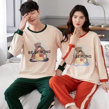 

NIGHTWA Couple Pajamas Set Spring And Autumn 100% Cotton Cartoon Women Pyjamas Plus Size Long Sleeve Sleepwear Men Lounge Pijama
