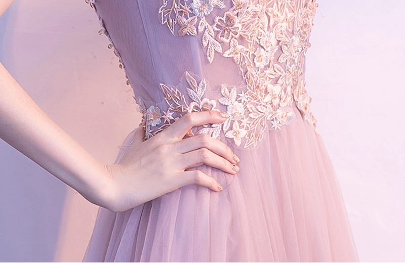 Vestido de festa милое Розовое Кружевное длинное вечернее платье с v-образным вырезом Вечерние платья для выпускного с жемчугом