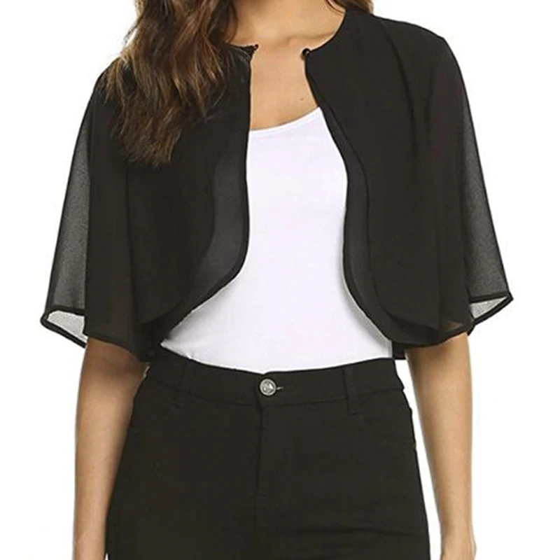New Fashion Womens Half Sleeve Layered Open Front Loose Sheer Bolero Chiffon Shrug Cardigan Top For Wedding Party Dress Cover Up