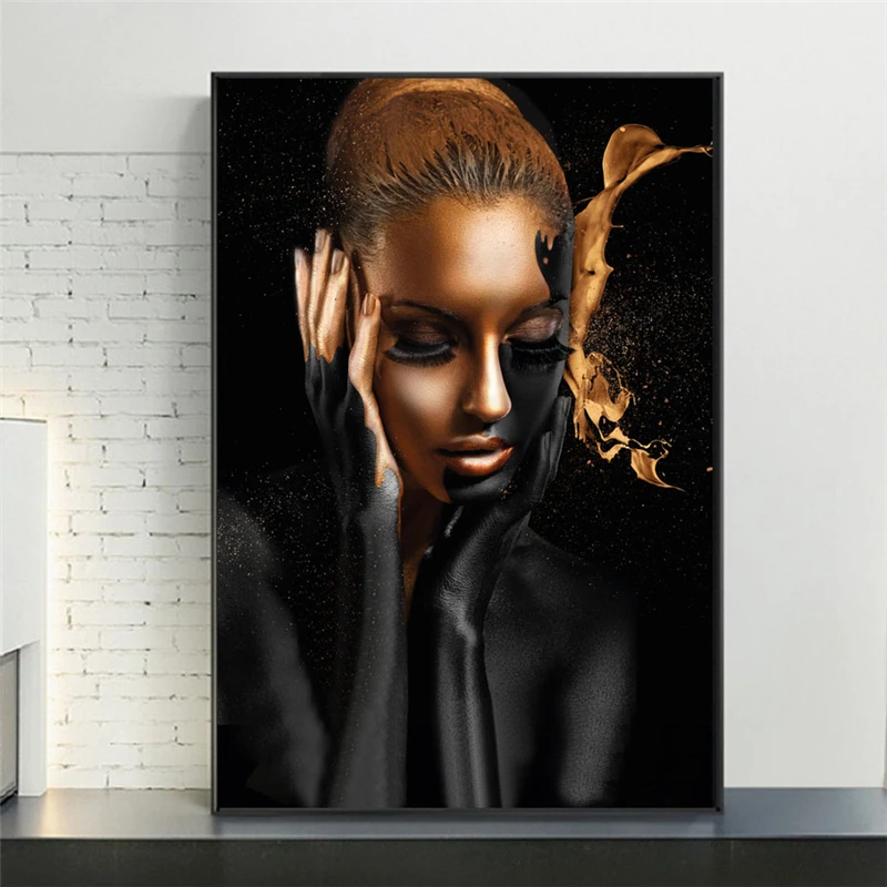 

African Art Woman Black Gold Nude Oil Painting on Canvas Cuadros Posters and Prints Scandinavian Wall Picture for Living Room