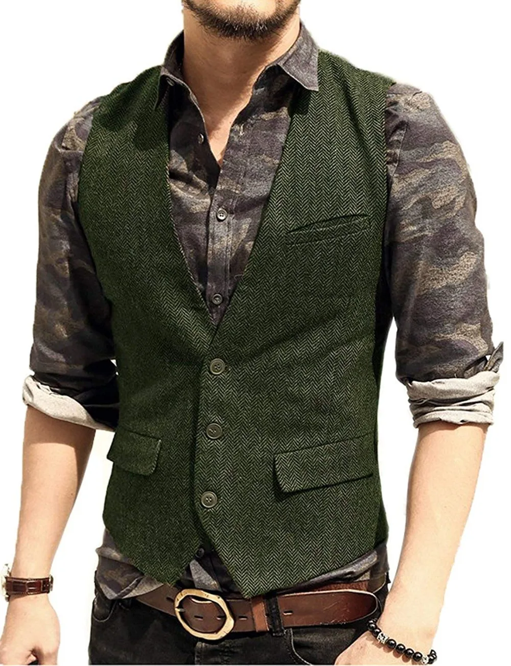 Suit Vest Jacket Waistcoat Gilet Wedding Groomman Army-Green Mans Casual Tweed V-Neck